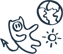 Mascotte Lökki Kombucha avec la Terre et le Soleil